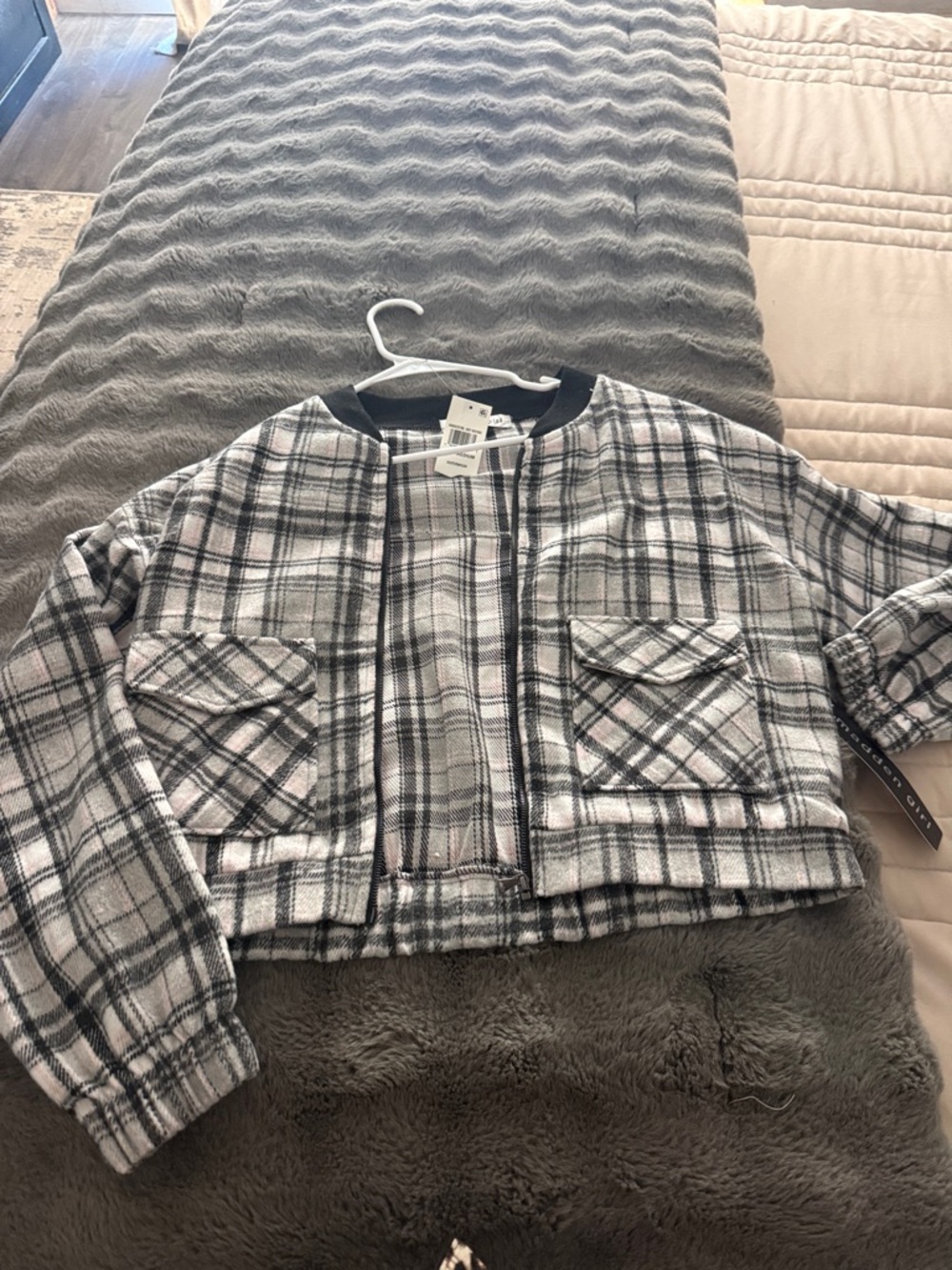 Madden Girl Kids Gray & Black Plaid Cropped Jacket